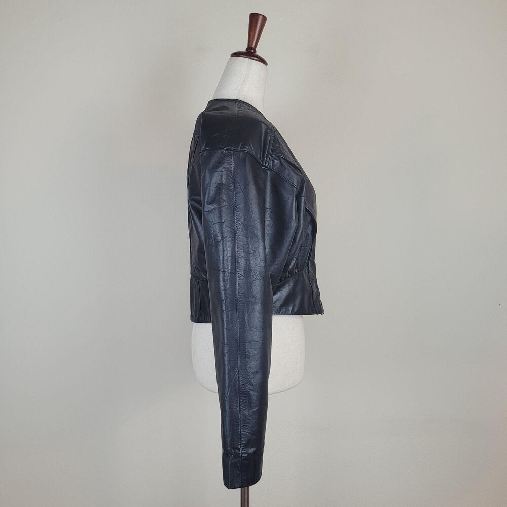 Vintage Black Leather Jacket Med Statement Rocker 80s Cropped Retro Edgy Biker - Picture 2 of 8